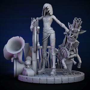 以下が含まれることがあります： 未来的な武器と大きな蓄音機を持つ女性キャラクターの灰色のフィギュア。キャラクターはクロップトップ、パンツ、ブーツを着用しています。フィギュアは円形のベースにあります。