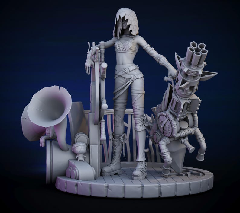以下が含まれることがあります： 未来的な武器と大きな蓄音機を持つ女性キャラクターの灰色のフィギュア。キャラクターはクロップトップ、パンツ、ブーツを着用しています。フィギュアは円形のベースにあります。