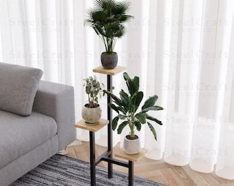 3-Tier Pine Wood Plant Stand: Powder-Coated Steel, Handmade