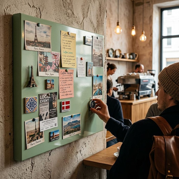 May include: A light green magnetic board mounted on a textured wall, displaying travel photos, notes, and magnets. The board features images of Paris, Tokyo, and Cape Town, along with coffee recipes and a compass. A person is seen interacting with the board.