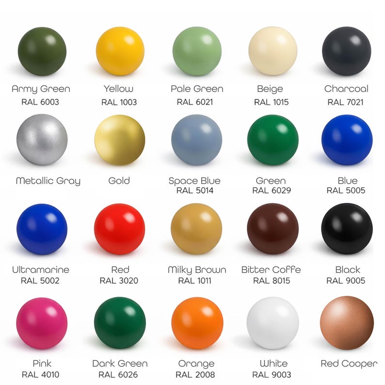 May include: A collection of 20 glossy spheres in various colors, each labeled with a color name and a RAL code. Colors include Army Green, Yellow, Pale Green, Beige, Charcoal, Metallic Gray, Gold, Space Blue, Green, Blue, Ultramarine, Red, Milky Brown, Bitter Coffe, Black, Pink, Dark Green, Orange, White, and Red Cooper.