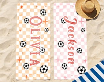Custom Soccer Beach Towel with Custom Name, Custom Name Towel for Soccer Fans, Monogram beach Towels, Soccer Ball Design Towel
