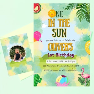 Invitación de primer cumpleaños de One In The Sun, editable, para fiesta de piscina de verano, con temática tropical, salpicaduras, pastel, descarga instantánea