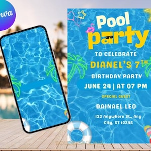 Pool Party Editable Birthdayinvitation, Neon Glow Pool Party, Electronic invitation, Swimmin Pool Party, Digital Invitation Template