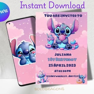 Editable Stich Birthday Party Invitation,Stich Mobile Invite,Digital Kids Birthdayinvitation, Stich Clipart,Instant Download,Canva Template