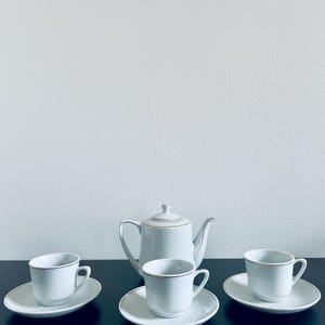 Vintage Porcelain Tea Set – Teapot with 3 Cups and Saucers, White with Gold Trim