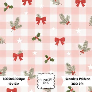 Christmas Holly Seamless Paper, Holly & Red Bows Gingham Pattern | Festive Winter Instant Download