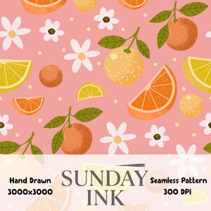 May include: A seamless pattern featuring orange citrus fruits, yellow lemon wedges, and white flowers on a pink background. The text SUNDAY INK is centered, with Hand Drawn, 3000x3000, and 300 DPI printed in black text at the bottom.