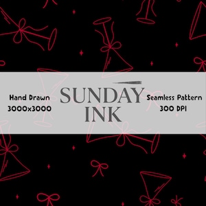 May include: Seamless pattern design featuring red line art of cocktail glasses with bows and diamond shapes on a black background. The text "SUNDAY INK" is displayed in the center, with "Hand Drawn 3000x3000" and "Seamless Pattern 300 DPI" below.