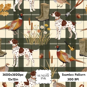 May include: A seamless pattern featuring illustrations of spotted dogs, pheasants, oak leaves, acorns, cattails, wildflowers, rubber boots, and a smoking pipe over a cream and dark green plaid background. Text reads 3600x3600px, 12x12in, SUNDAY INK.