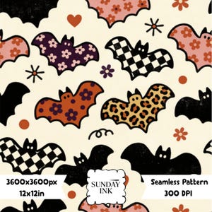May include: A seamless digital pattern featuring stylized bats on a cream background. The bats display various textures including floral prints, black and white checkerboard, leopard print, and solid black. Includes text: SUNDAY INK 3600x3600px 12x12in.