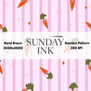 Peut inclure: Un motif sans couture avec des carottes oranges, des sommets verts et des nœuds roses sur un fond de rayures verticales roses. Le motif comprend de petits accents d'étoiles et de nœuds oranges. Le texte "SUNDAY INK" est affiché au centre, avec le texte "Hand Drawn" et "Seamless Pattern".