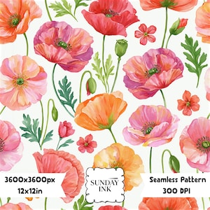 Könnte beinhalten: Ein nahtloses Muster mit aquarellartigen Mohnblumen in Orange-, Rosa- und Rottönen auf weißem Grund. Das Design enthält grüne Blätter und Knospen sowie den Text 3600x3600px, 12x12in, 300 DPI und SUNDAY INK.