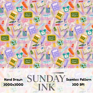 May include: A seamless pattern featuring school supplies including calculators, globes, alarm clocks, notebooks, scissors, and pencils on a light purple plaid background. The text "Back to School!" is printed on small green rectangular signs.