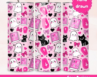 Pink Halloween Tumbler Wrap 20oz PNG Ghost Instant Download Hand Drawn Spooky Tumbler Wrap Sublimation Design Ghost Tumbler PNG Halloween