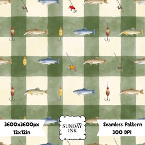 May include: A seamless digital pattern featuring watercolor illustrations of various fish, fishing rods, and colorful bobbers arranged over a green and cream checkered background. The text SUNDAY INK is centered in a white scalloped frame.
