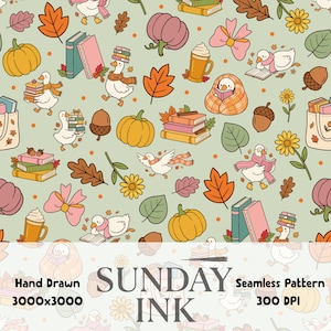 May include: A seamless pattern featuring hand-drawn illustrations of white geese, pumpkins, stacks of books, acorns, autumn leaves, flowers, bows, and mugs of whipped cream drinks on a light green background with the text SUNDAY INK.