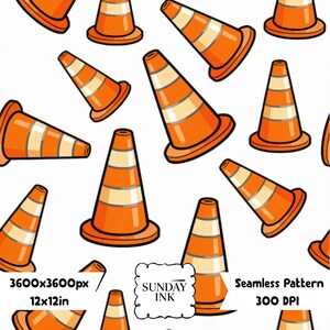 Pode incluir: Um padrão contínuo com cones de trânsito laranja brilhante com faixas refletoras brancas dispostos em várias orientações sobre um fundo branco. A imagem inclui o texto 3600x3600px, 12x12in, SUNDAY INK, Seamless Pattern, 300 DPI.