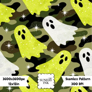 May include: A seamless digital pattern featuring lime green and white ghost illustrations with black oval eyes and mouths, set against a dark green and black camouflage background with white four-pointed stars. Text reads Sunday Ink.