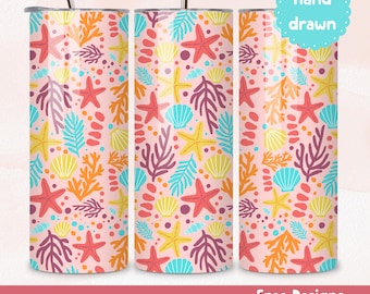 Coral Seashell Tumbler Wrap 20oz PNG Instant Download Coastal Summer Skinny Tumbler Wrap Sublimation Design Pink Seashells Tumbler Wrap PNG