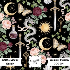 May include: A seamless pattern on a black background featuring silver dragons, gold crescent moons, suns, butterflies, dark red and light pink roses, green ivy, ornate gold keys, daggers with jewels, and crystals. Text reads: 3600x3600px 12x12in SUNDAY INK Seamless Pattern 300 DPI.