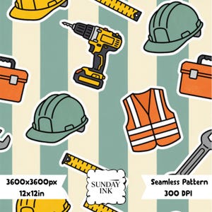 Pode incluir: Um padrão contínuo com ferramentas de construção e equipamento de segurança, incluindo capacetes amarelos e verdes, caixas de ferramentas laranja, um berbequim amarelo, uma chave inglesa e fitas métricas sobre riscas verticais creme e verde-sálvia.