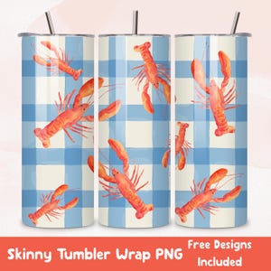 Hummer Tumbler Wrap PNG Design Direkt Nedladdning Hummer Gingham Sublimeringsdesign Kustnära Rutig Tumbler Wrap Slim 20oz Sommar PNG