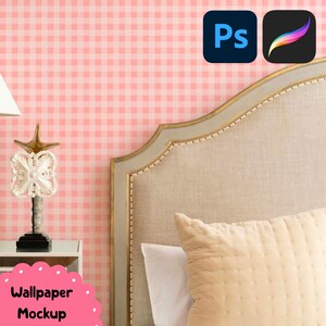 May include: A bedroom scene featuring a pink gingham wallpaper backdrop. A beige headboard with gold trim is visible, along with a cream-colored pillow. A decorative lamp with a star-shaped top sits on a white nightstand. The text "Wallpaper Mockup" is displayed.