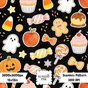 Nahtloses Halloween-Süßigkeitenmuster, digitales Papier, niedliche Leckereien, sich wiederholender Hintergrund mit Zuckermais-Cupcakes, druckbares Scrapbook-Papier, Junk Journal