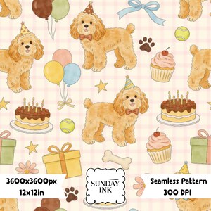 Papier numérique sans couture pour anniversaire Goldendoodle, motif de fête caniche, fond pour célébration d'animaux de compagnie pour loisirs créatifs et impression à la demande.