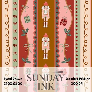 Nutcracker Seamless Pattern PNG Preppy Stripes Christmas Instant Download Christmas Digital Paper Coquette Nutcracker Fabric Design