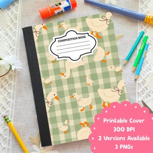 May include: Composition book with a green and white checkered pattern featuring illustrations of geese. The cover has a black spine and a white label that reads "COMPOSITION BOOK". The image also includes pencils, a glue stick, and a paintbrush.