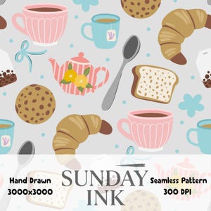 May include: A seamless pattern on a light gray background featuring illustrations of pink teacups, blue mugs with tea bags, brown croissants, chocolate chip cookies, slices of bread, gray spoons, and pink teapots with yellow flowers.