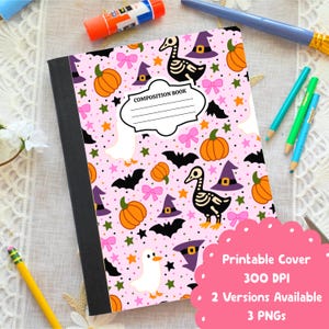 Peut inclure: Un cahier de composition avec une couverture rose ornée d'illustrations sur le thème d'Halloween. Le motif comprend des citrouilles oranges, des chauves-souris noires, des chapeaux de sorcière violets, des nœuds roses et des canards squelettes. La couverture porte également une étiquette blanche avec l'inscription "COMPOSITION BOOK".
