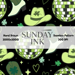 Może przedstawiać: Bezszwowy wzór z jasnozielonymi kapeluszami kowbojskimi z akcentami koniczyny, kulami dyskotekowymi i kowbojskimi butami na czarnym tle. Tekst "SUNDAY INK" i "Seamless Pattern" jest również zawarty.