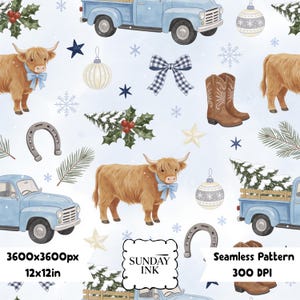 Highland Cow Christmas Seamless Pattern Christmas Truck Digital Paper PNG Instant Download Blue Christmas Junk Journal Digital Scrapbook