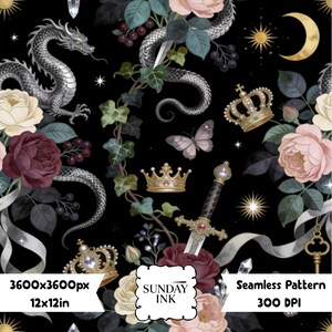May include: A seamless pattern on a black background featuring silver dragons, gold crowns, daggers, butterflies, and roses in shades of pink and burgundy. The design includes ivy vines, crescent moons, stars, and keys. Text reads: SUNDAY INK.