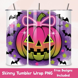 Neon Pink Pumpkin 20oz Tumbler Wrap Skinny Tumbler Sublimation Design Spooky Halloween Tumbler Wrap Neon Jack-o-Lantern Tumbler PNG