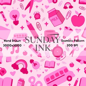 Pink School Seamless Pattern PNG Design Back to School Digital Paper Instant Download 300 DPI Teacher Seamless Pattern Design PNG Hand Drawn