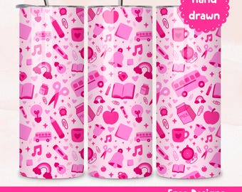 Back to School Tumbler Wrap Skinny 20oz Sublimation Tumbler Design Instant Download Teacher Tumbler Wrap PNG Design Skinny Tumbler Wrap Pink