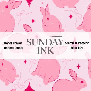 Peut inclure: Motif sans couture avec des lapins roses, des étoiles et des nœuds sur fond rose clair. Les mots "SUNDAY INK" sont affichés au centre, avec "Hand Drawn 3000x3000" et "Seamless Pattern 300 DPI" également visibles.