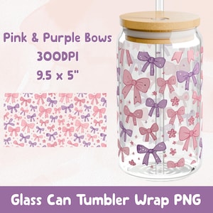 Bows Glass Can Tumbler Wrap 16oz PNG Design Libbey Glass Bows Wrap Tumbler Glass Can Wrap Instant Download Pink and Purple Bows Design png