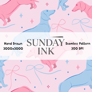 May include: Seamless pattern featuring pink and blue dachshunds, bows, and stars on a light pink background. The text "SUNDAY INK" is displayed in the center. The words "Hand Drawn" and "Seamless Pattern" are also visible.