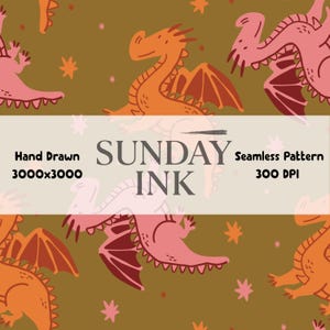 May include: Seamless pattern featuring cartoon dragons in shades of orange and pink on a brown background. The image includes the text "SUNDAY INK", "Hand Drawn 3000x3000", and "Seamless Pattern 300 DPI".