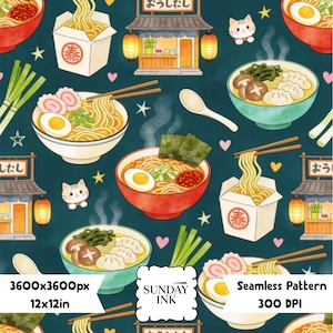 Può includere: Un motivo continuo su sfondo verde acqua scuro con illustrazioni di ciotole di ramen, scatole di noodles da asporto, piccole vetrine di negozi, cipollotti e facce di gatto. Il testo SUNDAY INK è centrato in una cornice bianca con 3600x3600px 12x12in 300 DPI.