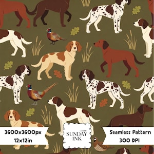 May include: A seamless pattern on an olive green background featuring various hunting dogs, pheasants, oak leaves, and wheat stalks. The text SUNDAY INK is centered in a white scalloped frame, with 3600x3600px, 12x12in, and 300 DPI text.