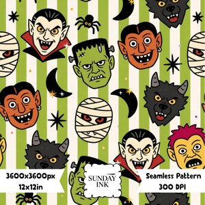 Spooky Halloween Monster Faces Seamless Pattern Digital Paper, Kitsch Vampire Mummy Werewolf Green Stripe Design for POD