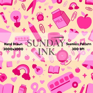 Pink School Seamless Pattern PNG Design Back to School Digital Paper Instant Download 300 DPI Teacher Seamless Pattern Design PNG Hand Drawn