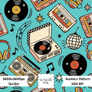 May include: A seamless pattern on a teal background featuring retro music equipment including black vinyl records, cassette tapes, headphones, a record player with a checkered lid, a boombox, and a disco ball, interspersed with musical notes and stars.