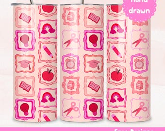 Back to School Teacher Tumbler Wrap PNG Instant Download Sublimation School Supplies Tumbler Teacher 20oz Skinny Wrap Design Pink Tumbler